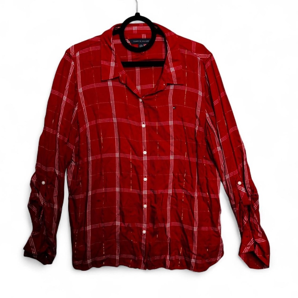 Tommy Hilfiger XL Red‎ Plaid Metallic Roll-Tab Button-Down Shirt Preppy Festive - Picture 3 of 13